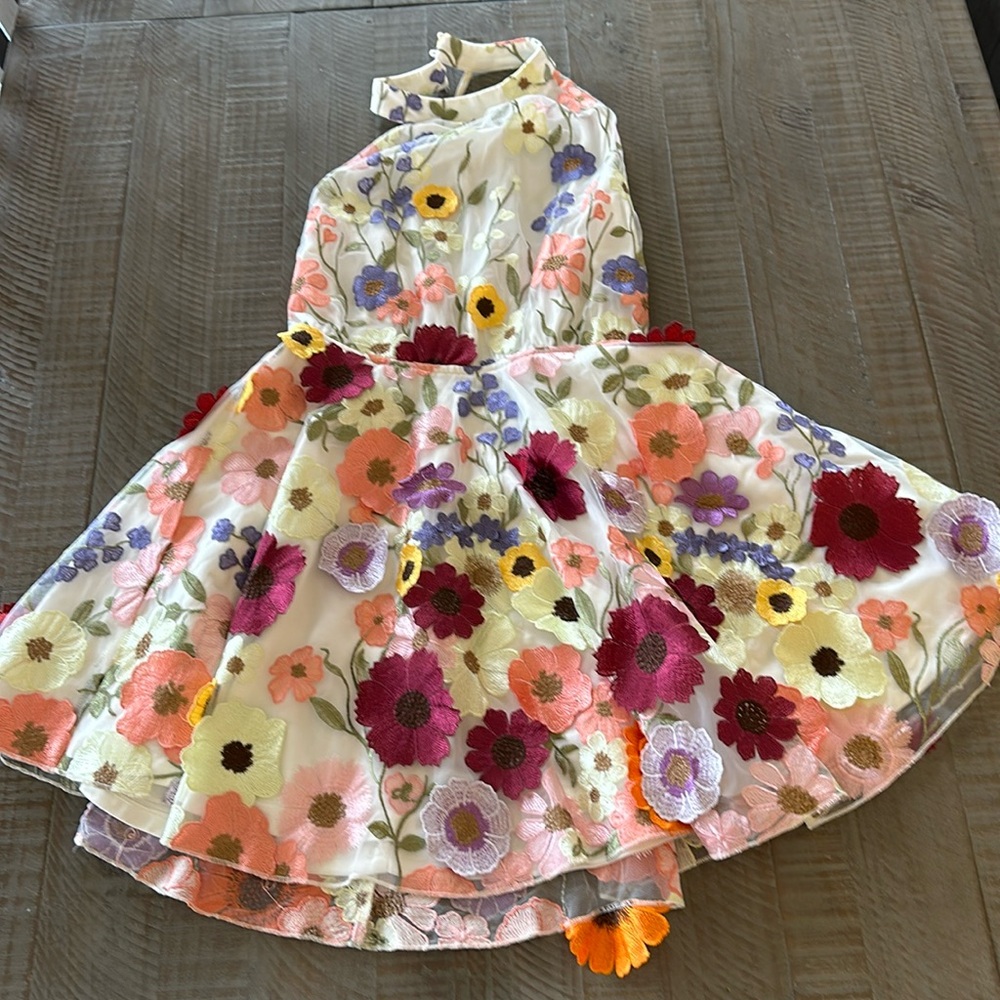 Lulus Blooming Bliss Ivory 3D Floral Embroidered Halter Mini Dress